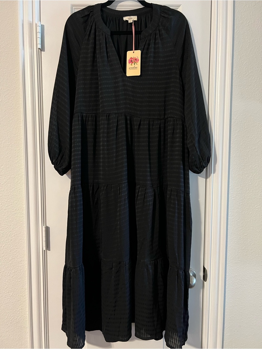 Black Tiered Long Sleeve Textured Dress - Picture 1 of 7